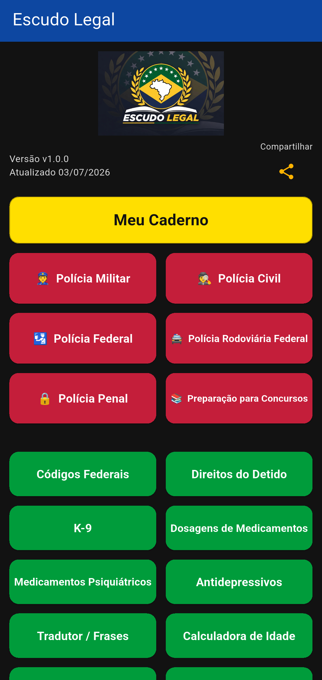 Tela inicial do app Escudo Legal.