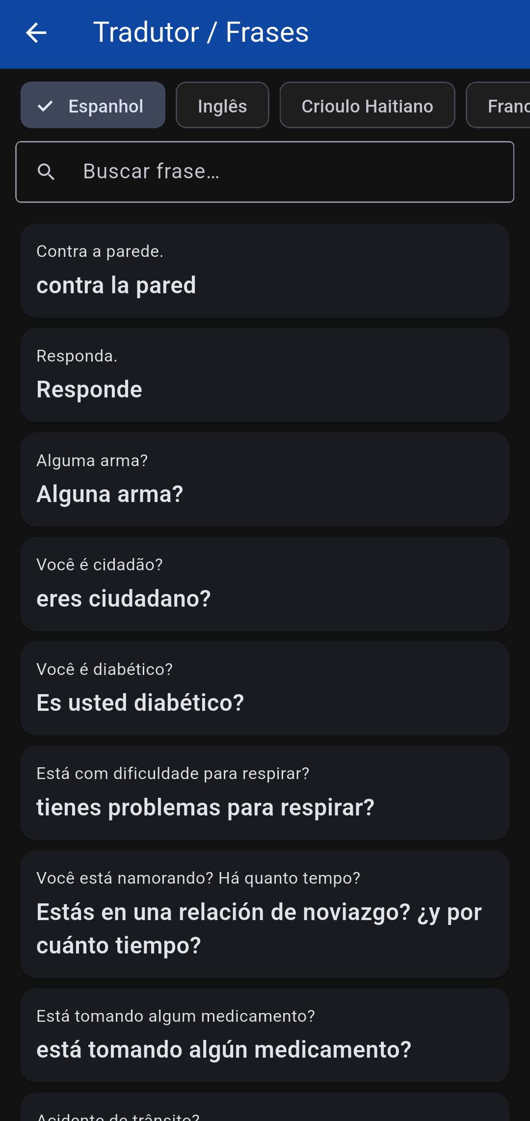 Tela do tradutor de frases.